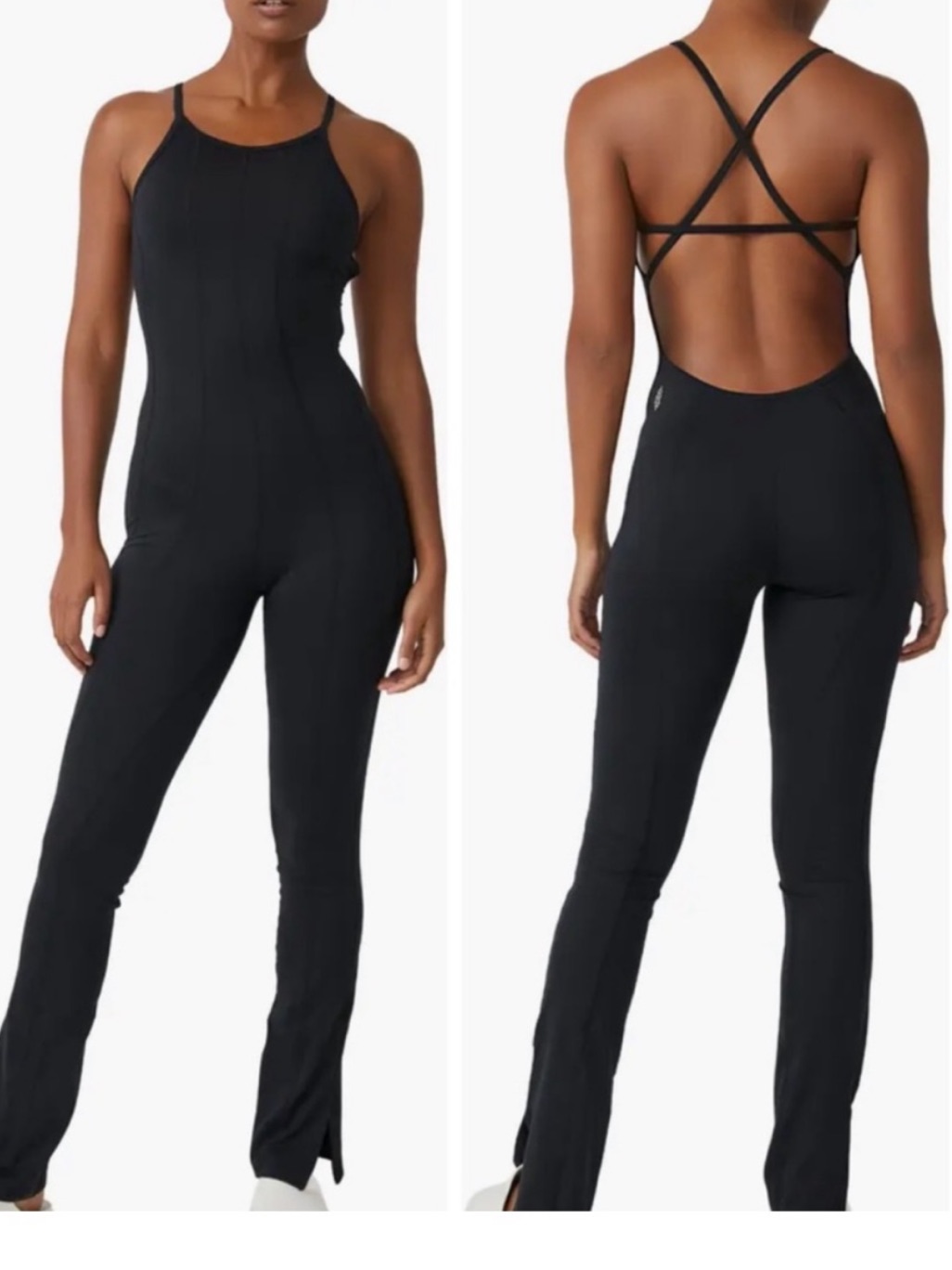 Free People Movement Large Heat Waves Full Leg Flare Black Onesie Bodysuit